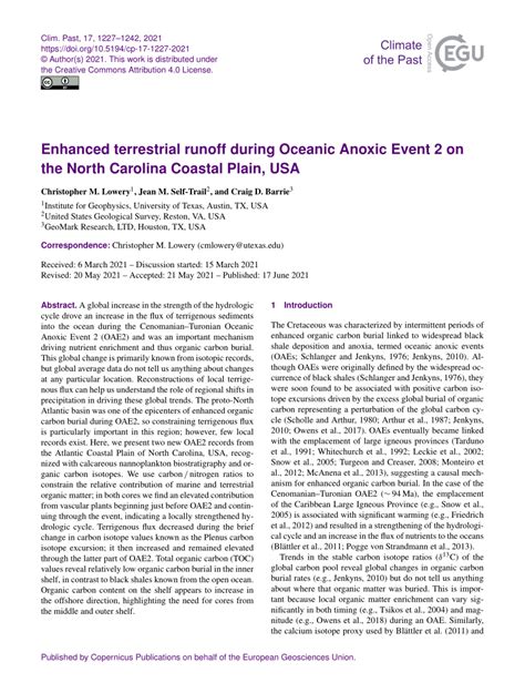 Pdf Enhanced Terrestrial Runoff During Oceanic Anoxic Event 2 On The