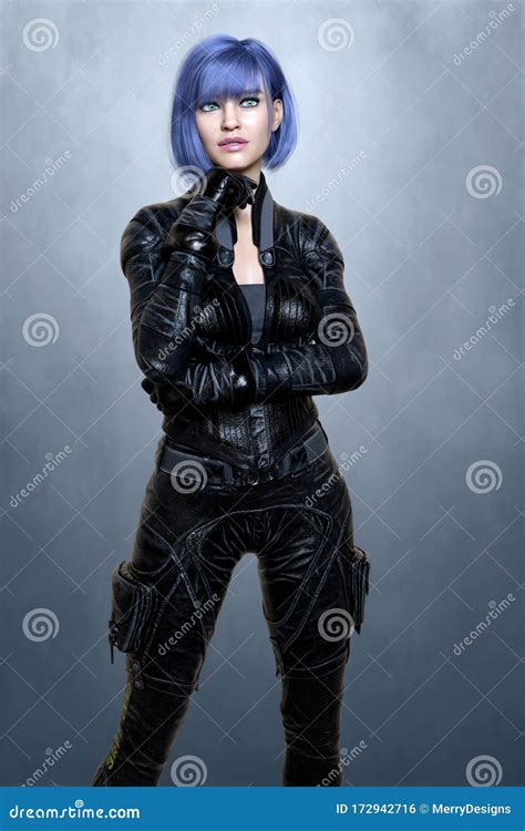 Beautiful Woman Wearing A Black Leather Bodysuit Stock Illustration