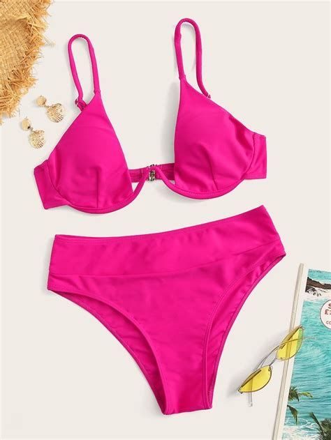Neon Hot Pink Underwire Bikini Set Shein Underwire Bikini