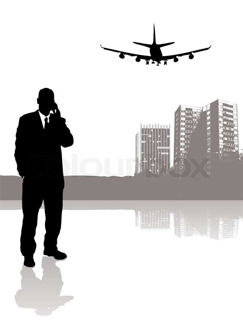 Kaufmann auf seinem Telefon sprechen während ein Flugzeug über Kopf