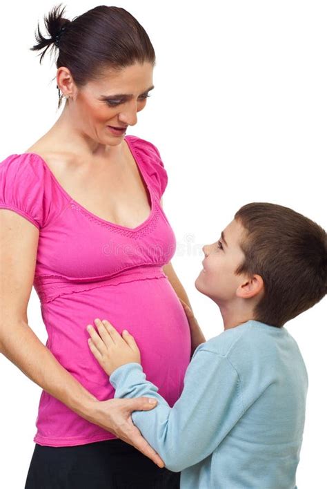 Pregnant Mom Having Conversation With Son Stock Photo Image