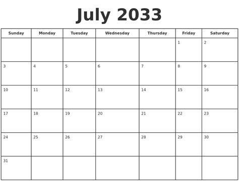 July 2033 Print A Calendar