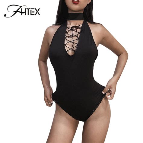 Fhtex Black Crisscross Lace Up Fitted Bodysuit Choker Cut Out Sexy Nightclub Bodysuits Modern