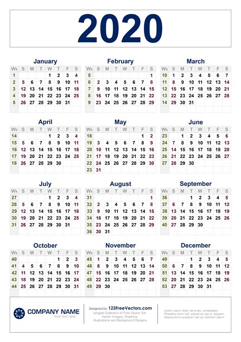 Free Download 2020 Calendar With Week Numbers Calendar