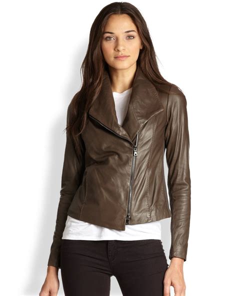 Vince Leather Ribbed Knit Scuba Jacket In Brown Lyst