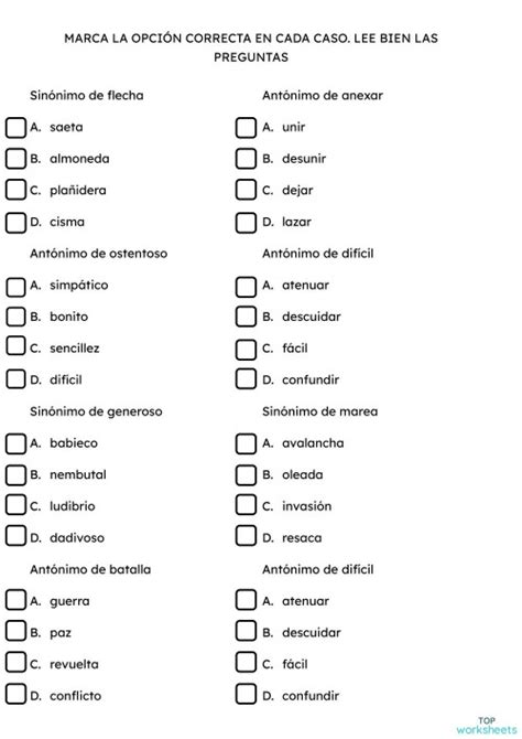 Sinónimos Y Antónimos Ficha Interactiva Topworksheets