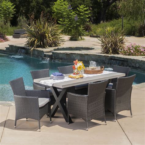 Shiloh Outdoor 7 Piece Dining Set With Concrete Rectangular Table And
