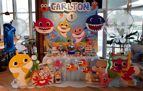 Celebrate With Cake Baby Shark Themed Dessert Table With Rotating Cake