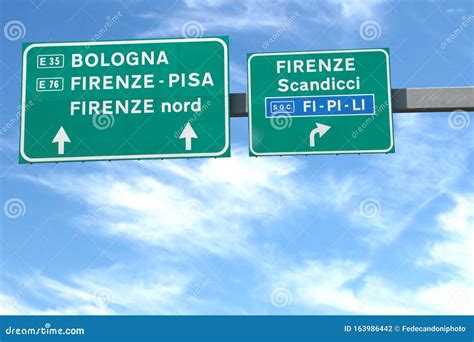 Road Signs Of The Italian Highway With The Localities Of Florenc Stock
