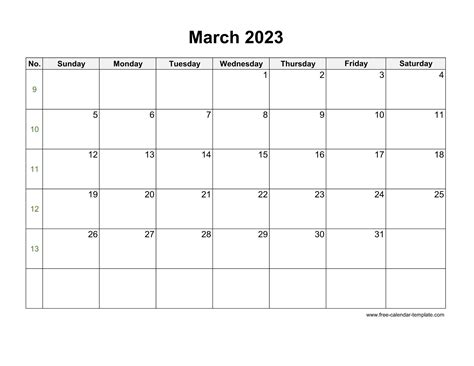 Free 2023 Calendar Blank March Template Horizontal Free Calendar