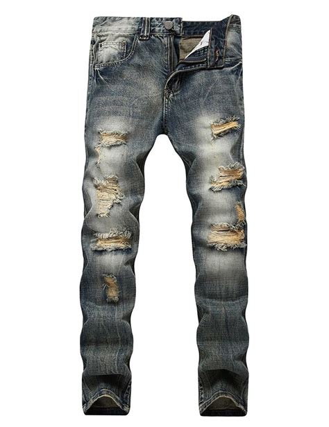 Mens Ripped Distressed Destroyed Straight Fit Washed Denim Jeans