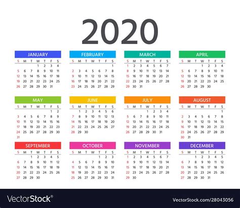 2020 Calendar Template Year Planner Vector Image On Vectorstock In 2020