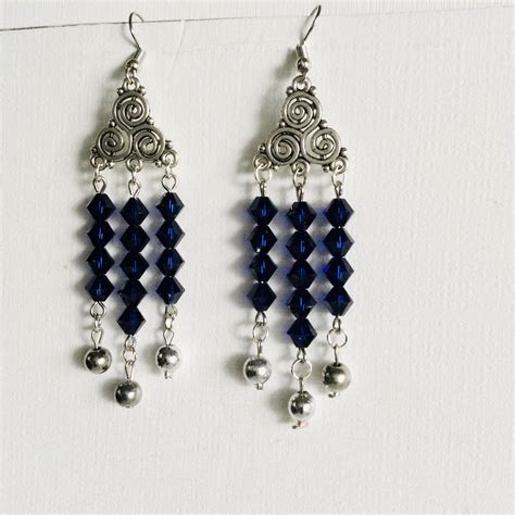 Dark Blue Crystal And Silver Beads Chandelier Earrings Etsy Beaded