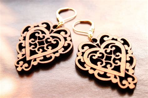 Laser Cut Wood Filigree Heart Dangle Earrings - $22.50 - Handmade Jewelry, Crafts and Unique ...