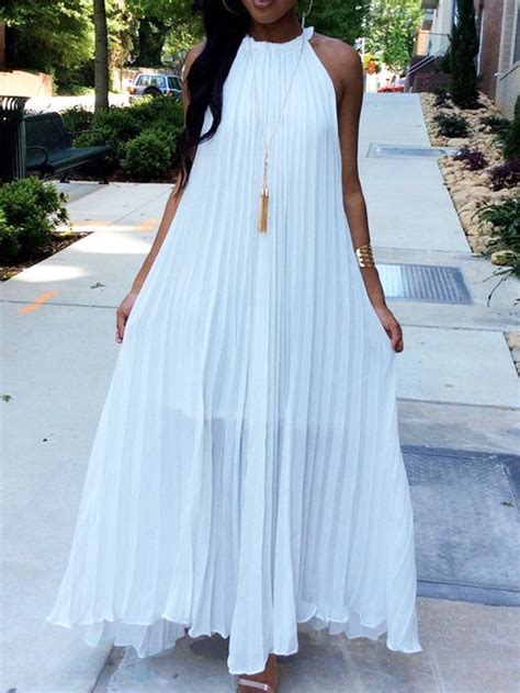 White Pleated Strapless Shoulder Halter Neck Big Swing Chiffon Elegant