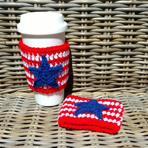 Red, White, and Blue Crochet Cup Cozy: Coffee/Tea Sleeve with star [106