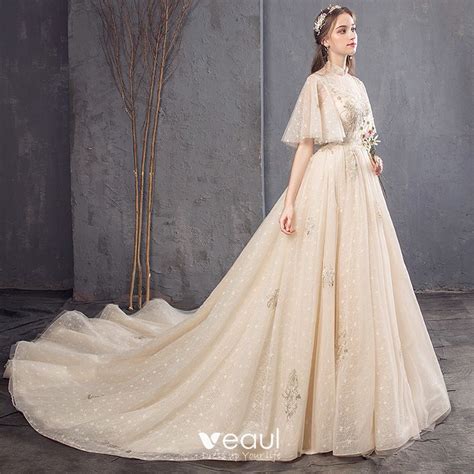 Vintage Retro Champagne Wedding Dresses 2019 A Line Princess High
