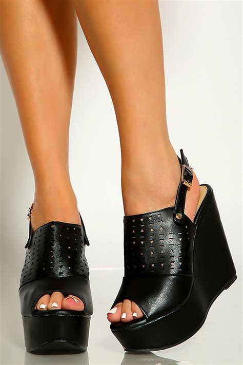 Black Peep Toe Faux Leather Perforated Sling Back Platform Wedges In