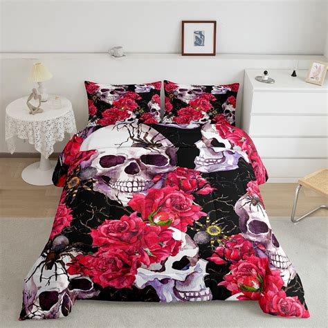 Sugar Skull Bedding Set Queen Size Red Rose Comforter Set Gothic Spiders Down Comforter Horror