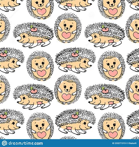 Seamless Pattern Hand Drawn Cute Funny Hedgehogs For Children Stock