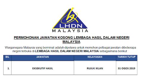 Permohonan jawatan kosong lhdn 2019 bertaraf kontrak kini dibuka. Permohonan Jawatan Kosong Lembaga Hasil Dalam Negeri (LHDN ...