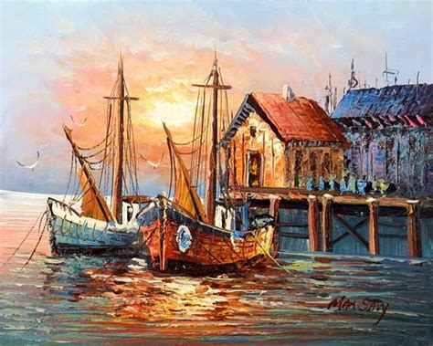 Old Spanish Harbor Boat Painting Seascape Paintings Marine Painting