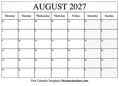 August 2027 Calendar Free Blank Printable Templates