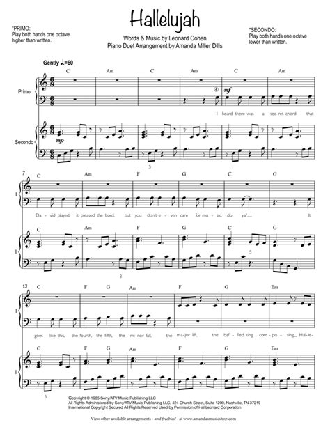 Hallelujah Easy Piano Duet By Leonard Cohen Digital Sheet Music For