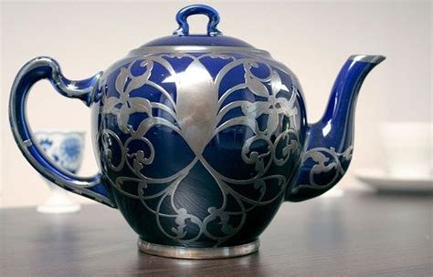 Lenox Sterling Silver Overlay Cobalt Blue Teapot Tea Pots Tea Coffee Set