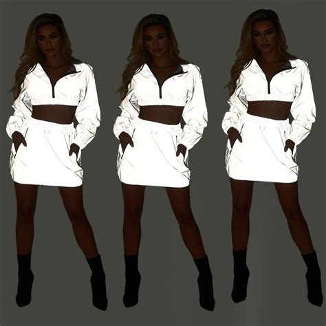 New Women Sexy Reflective Tracksuit Night Version Long Sleeve Hooded Crop Top Skirt Clubwear