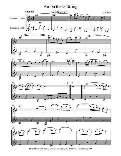 Bach Johann Sebastian Air On The G String Sheet Music For Clarinet Duet