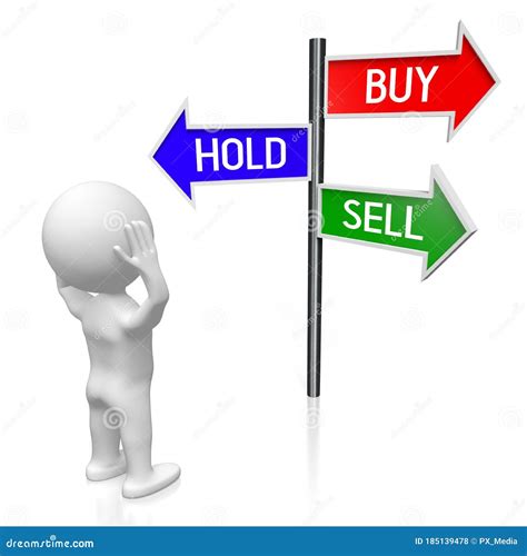 Buy, Hold, Sell Concept - Signpost with Three Arrows, Cartoon Character