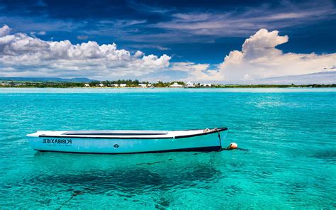 Nature Landscape Mauritius Island Tropical Sea Boat Clouds Turquoise Water Sky Beach