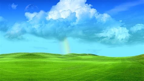 Download Clouds Sky Rainbow Grass Fields Hills Hd Wallpaper By