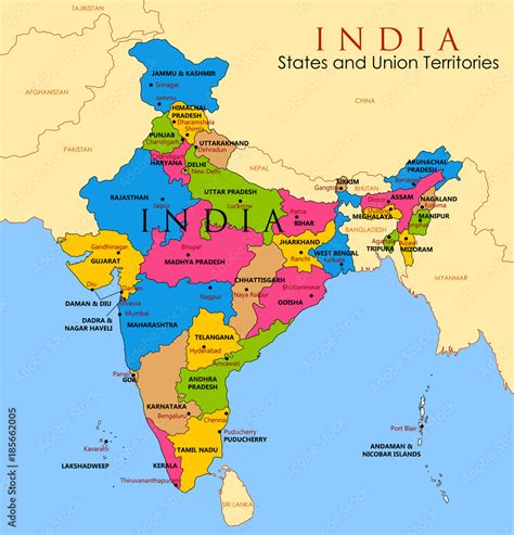 Detailed Map Of India Asia With All States And Country Boundary Vector