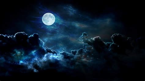 Big Blue Clouds Nature Night Moon Skies Full Wallpaper Background Free