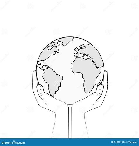 Bw Earth In Human Hands Isolated On A White Background Outline Style