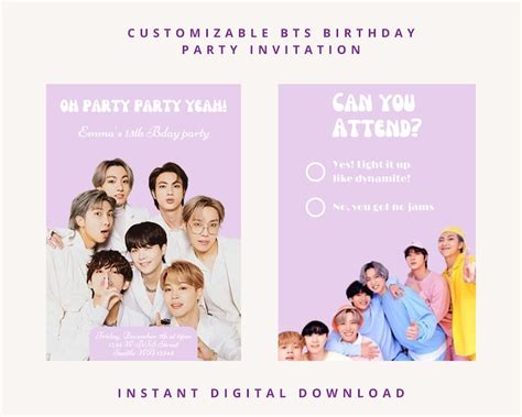 Bts Themed Digital Birthday Party Invitation Custom Etsy
