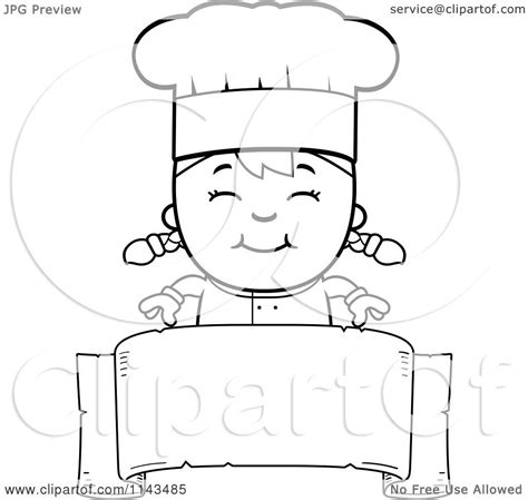 Download this free picture about cook boy kid from pixabay's vast library of public domain images and videos. Cartoon Clipart Of A Black And White Happy Chef Girl Over A Blank Banner - Vector Outlined ...