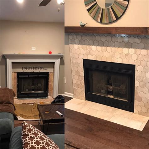 Fireplace Update With Marble Tile In Hexagon And Brick Laid