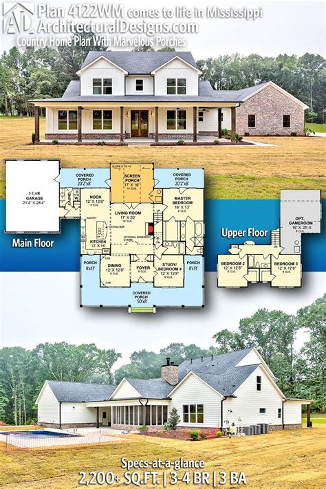 Architectural Designs Country Farmhouse Home Plan 4122WM with 3-4 Beds