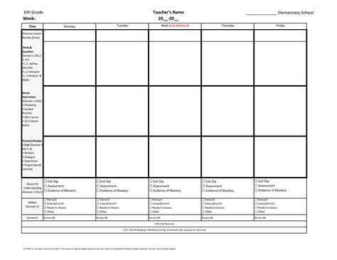 6th Sixth Grade Weekly Lesson Plan Template W Florida