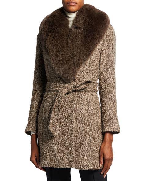 Sofia Cashmere Fur Shawl Collar Belted Wrap Coat