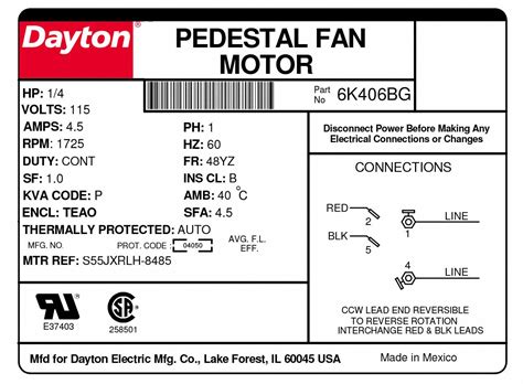 Dayton Pedestal Fan Motor 14 Hp 1725 Nameplate Rpm 115v Ac 48yz