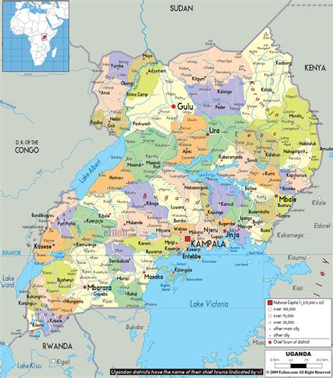 Map of uganda shows its capital, districts, cities, roads, airports, rivers. Political Map of Uganda- Ezilon Maps