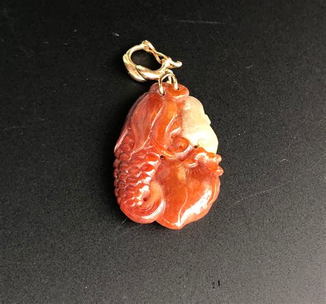 Genuine Carved Jade And 14k Gold Pendant In Red And White Etsy