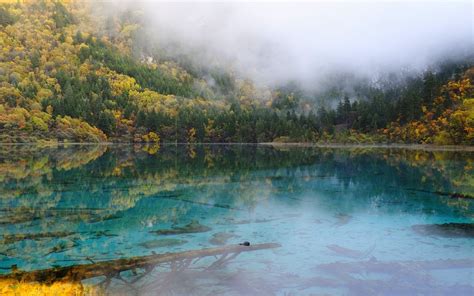 Landscape Nature Lake Mountain Forest Mist Fall Turquoise Water Reflection China