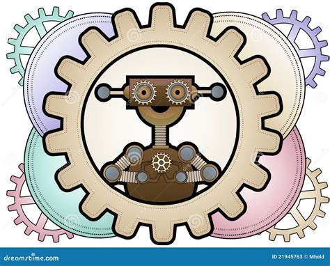 Steampunk Robot In Colorful Gears Hold Gears Stock Vector
