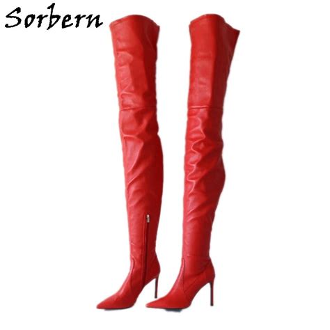 Sorbern Red Streched Genuine Leather Boots Women 110cm Shaft Length Crotch Thigh High Pointed