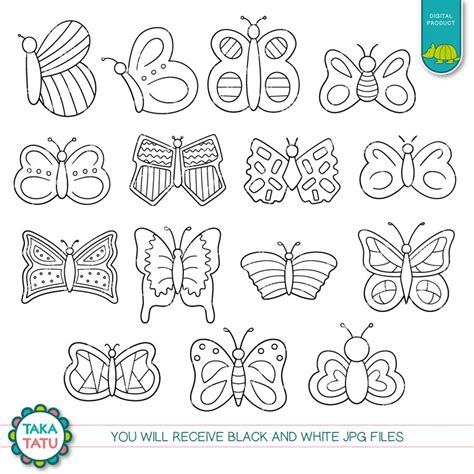 Butterfly Doodles Digital Stamp Black And White Clipart Etsy